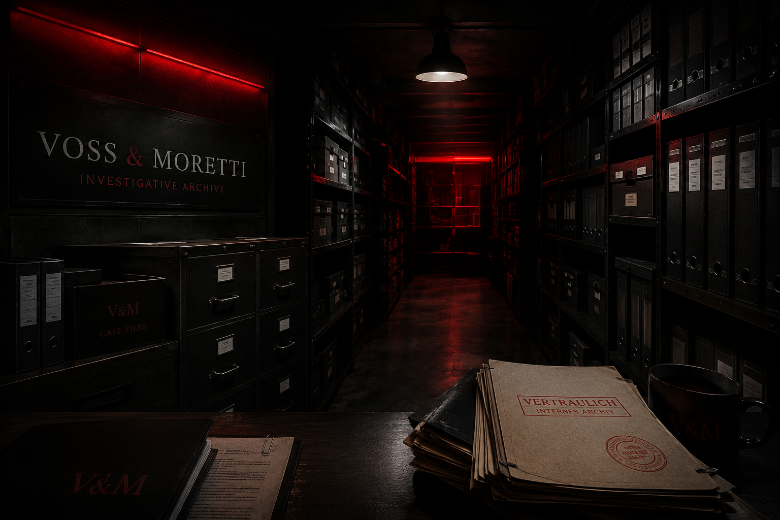Dunkler Archivraum mit roter Notbeleuchtung und Schriftzug „Voss & Moretti – Investigative Archive", im Vordergrund ein Stapel vertraulicher Akten.