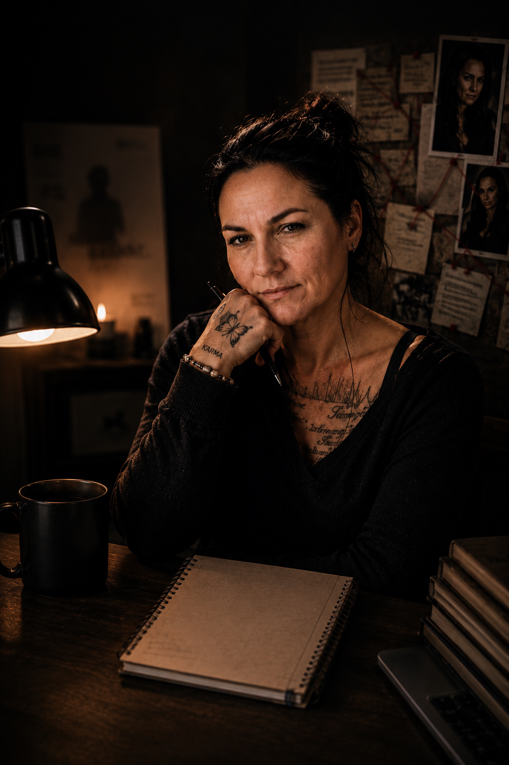 Sandra Podestat stützt nachdenklich das Kinn auf, am Schreibtisch mit Notizbuch und Lampe, dahinter eine Pinnwand mit Notizen.