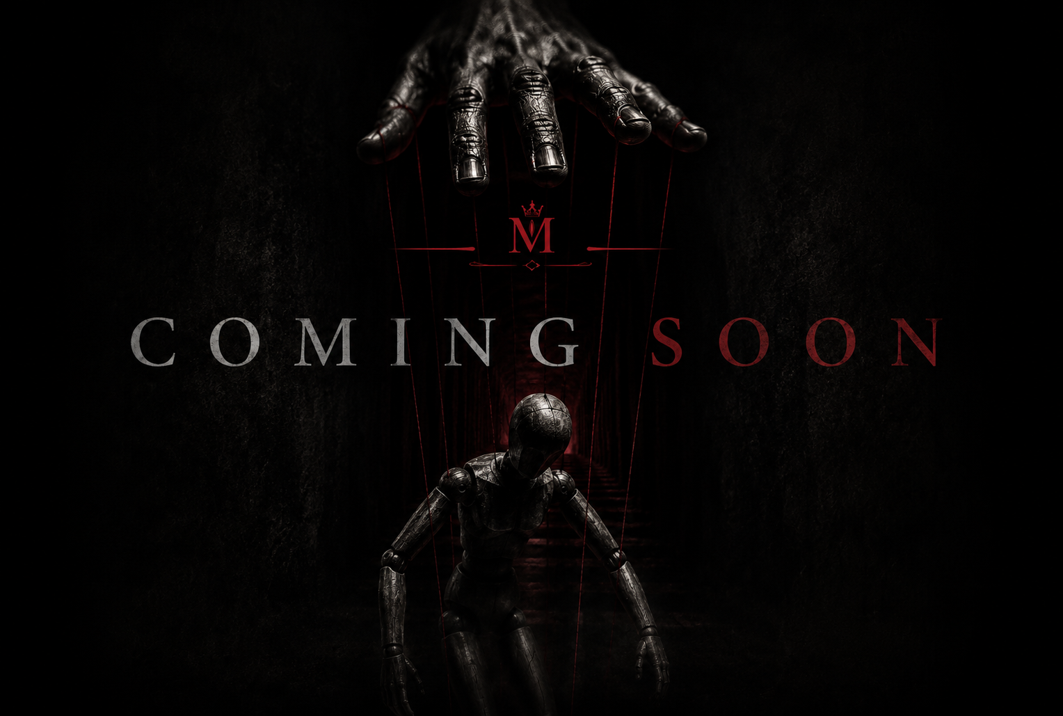 „Coming Soon"-Bild zur Voss-&-Moretti-Reihe: Marionette an roten Fäden unter einer Hand, mit Moretti-Emblem.