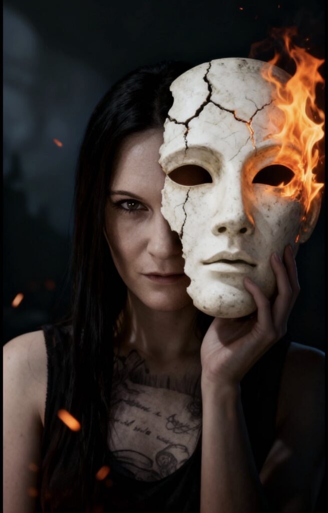 Sandra Podest mit brennender, gerissener Maske vor der rechten Gesichtshälfte, Funken sprühen – Hinter der Maske.